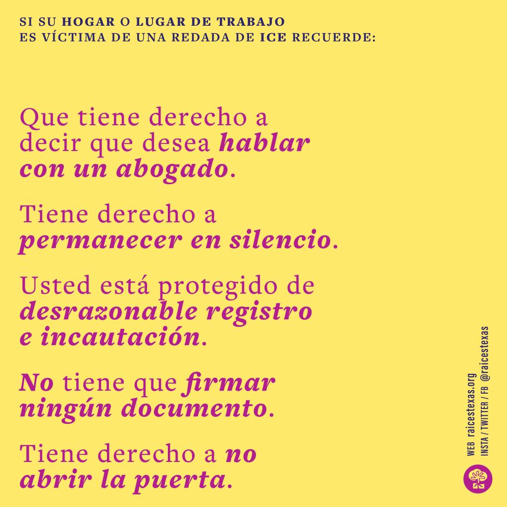 JulianCastro's tweet photo. 3 asks as we brace for ICE raids:
1) Share these graphics so vulnerable folks in our communities know their rights. 

2) Donate to @RAICESTEXAS if you can. 

3) Make sure you’re registered to vote. 

We can change this if we work together. https://t.co/MvDja9SKfd