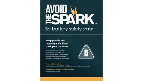 CalRecycle's tweet photo. No batteries (especially lithium-ion or damaged batteries) should ever be thrown in the trash! Doing so puts everyone involved in the battery journey at risk. Visit https://t.co/d64u9GzKIX for resources to #bebatterysmart. #batterysafety #avoidthebatteryspark https://t.co/77ZxXTGO0k