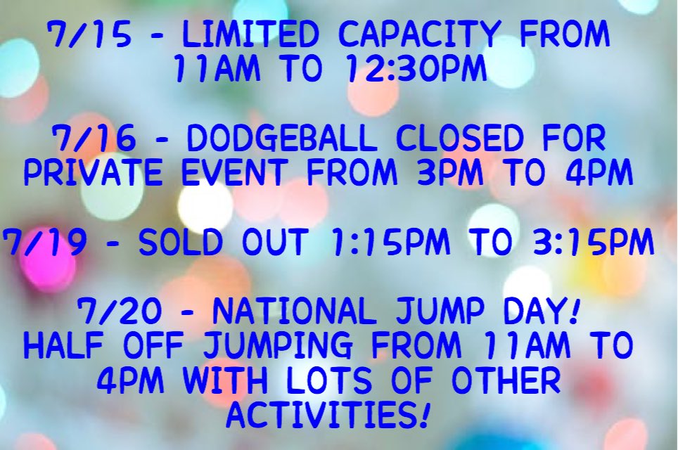 AtomicTrmpoline's tweet image. Our #SELLOUT times for the upcoming week!  Also, #MARKYOURCALENDAR for Saturday’s #NationalJumpDay for half off jumps and activities from 11AM to 4PM!  #camps #jumpday #atomictrampoline @VillatLeesburg
