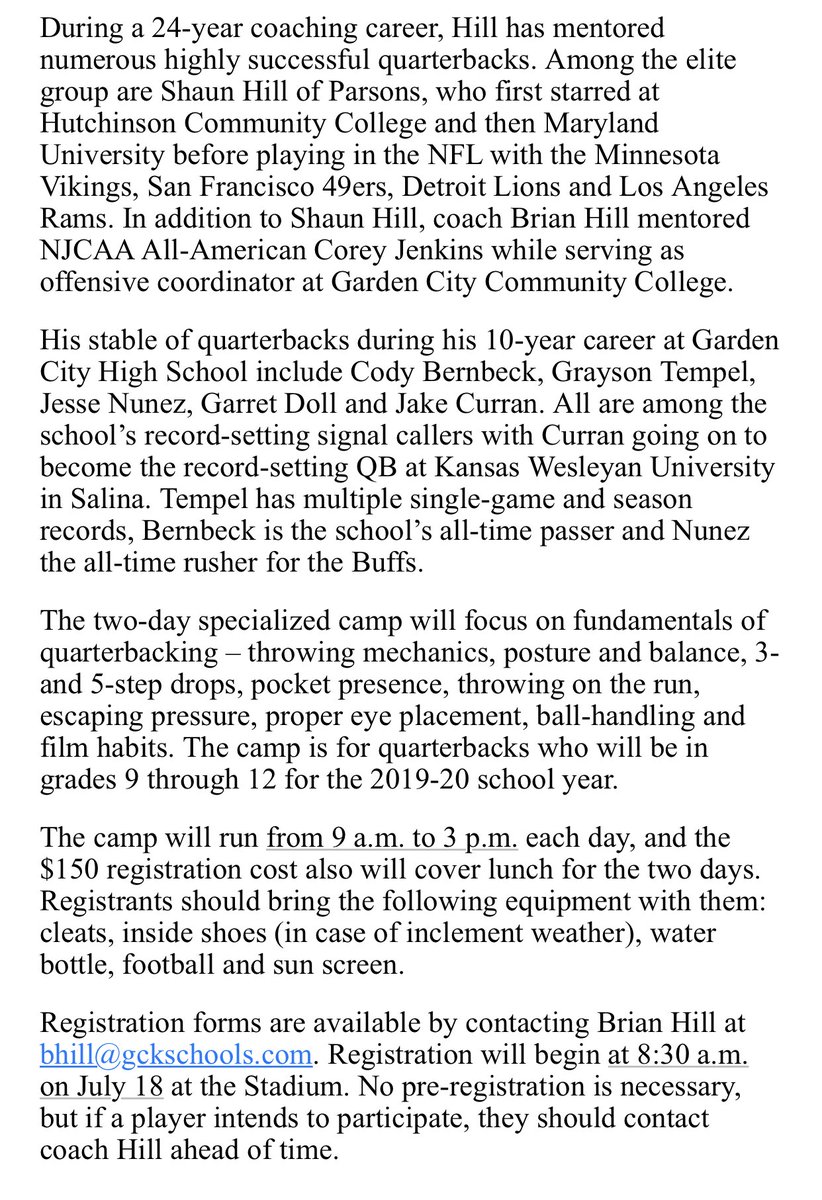 coachbhill's tweet photo. We are only 4 days away from my QB Camp here in Garden City. Have had a great response and looking forward to working with all of you. There is still room for those interested. Participants, be sure to bring a football, cleats, water bottle, and sun screen. #QB4LIFE https://t.co/aqrUc7Q9mB