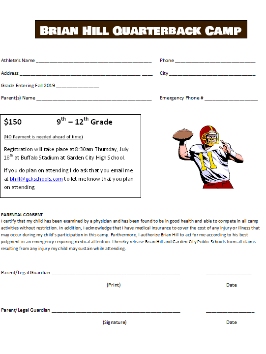 coachbhill's tweet photo. We are only 4 days away from my QB Camp here in Garden City. Have had a great response and looking forward to working with all of you. There is still room for those interested. Participants, be sure to bring a football, cleats, water bottle, and sun screen. #QB4LIFE https://t.co/aqrUc7Q9mB