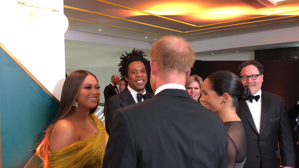 wyliecatherine's tweet photo. When Harry and Meghan met Beyoncé and Jay-Z at the premiere of @disneylionking in London. https://t.co/4aPTPVAQYQ