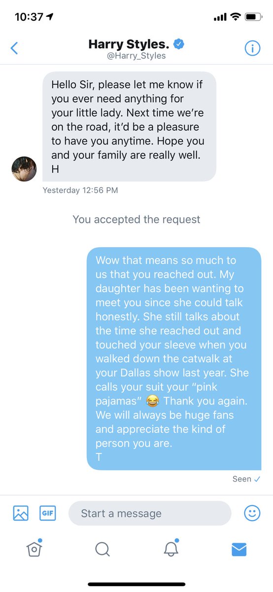 Trejohnson's tweet photo. If you guys were wondering what my response was to Harry. I had to have Myley write it because I didn’t want to blow it!! And he freaking read it!! This is just a crazy time. https://t.co/rdXeopYl9t