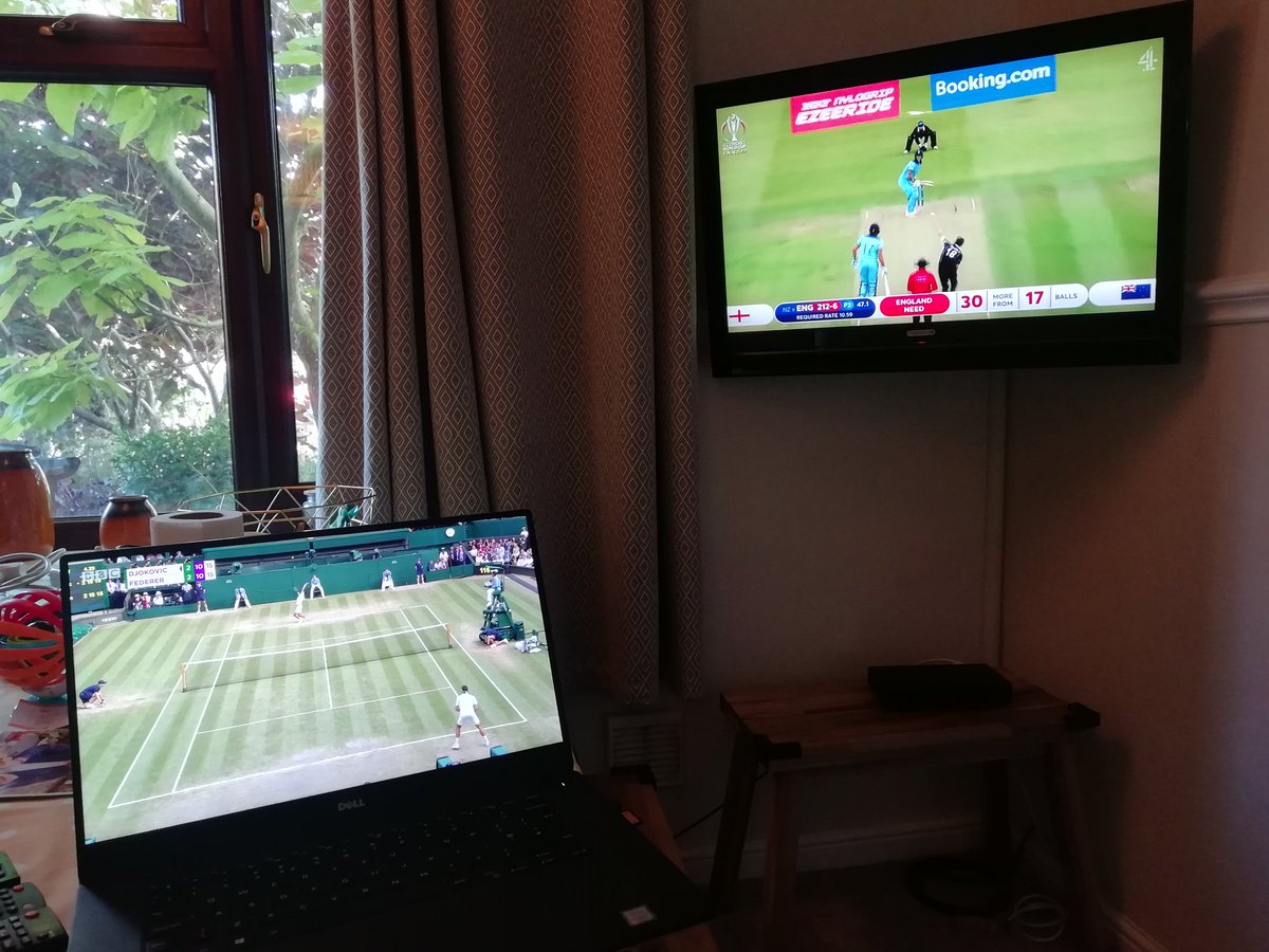 JonathanShilto1's tweet photo. Must be a lot of people with this setup right now! So tense in both epic finals! #CWC19Final #SeductiveSunday #SuperSunday #WimbledonFinal #sw19 #Wimbledon https://t.co/QNW4tfXAUj