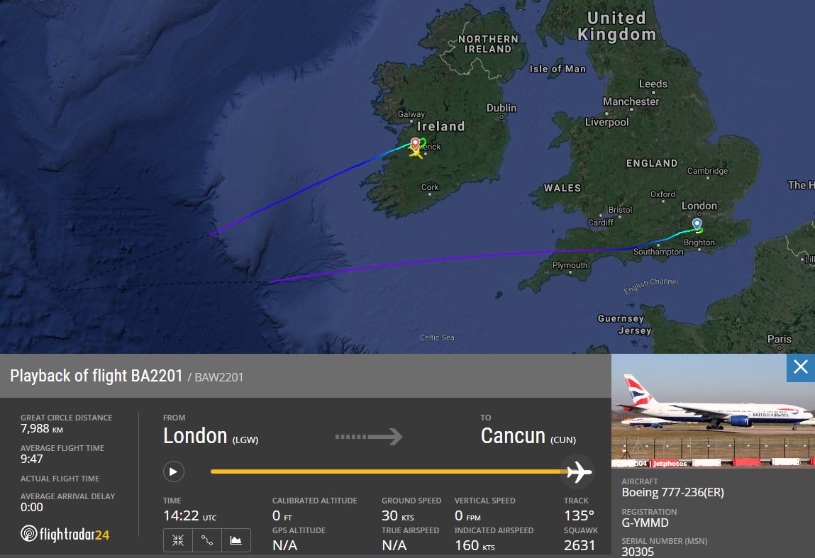 AirportWebcams's tweet photo. INCIDENT: British Airways #BA2201 London Gatwick to Cancun (Boeing 777-200ER G-YMMD) diverted to Shannon at 1420UTC today due to fumes in the cabin & cockpit. 8 people treated on landing. 1st of 2 BA Gatwick flights to suffer this incident within an hour. https://t.co/9FYNTfaikg https://t.co/oAqDfawcnU