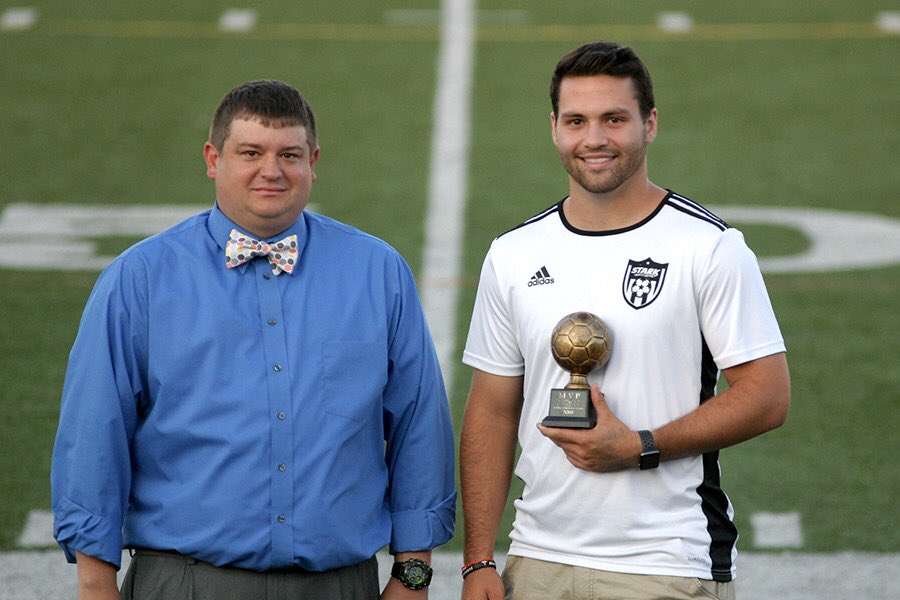 NOSLsoccer's tweet photo. We honored NOSL MVP Austin Coldsnow at halftime of the NOSL Final on Saturday night. Coldsnow (8 goals, 6 assists) is pictured here with President Tyrone Hostetler https://t.co/qN7u4mj3A2