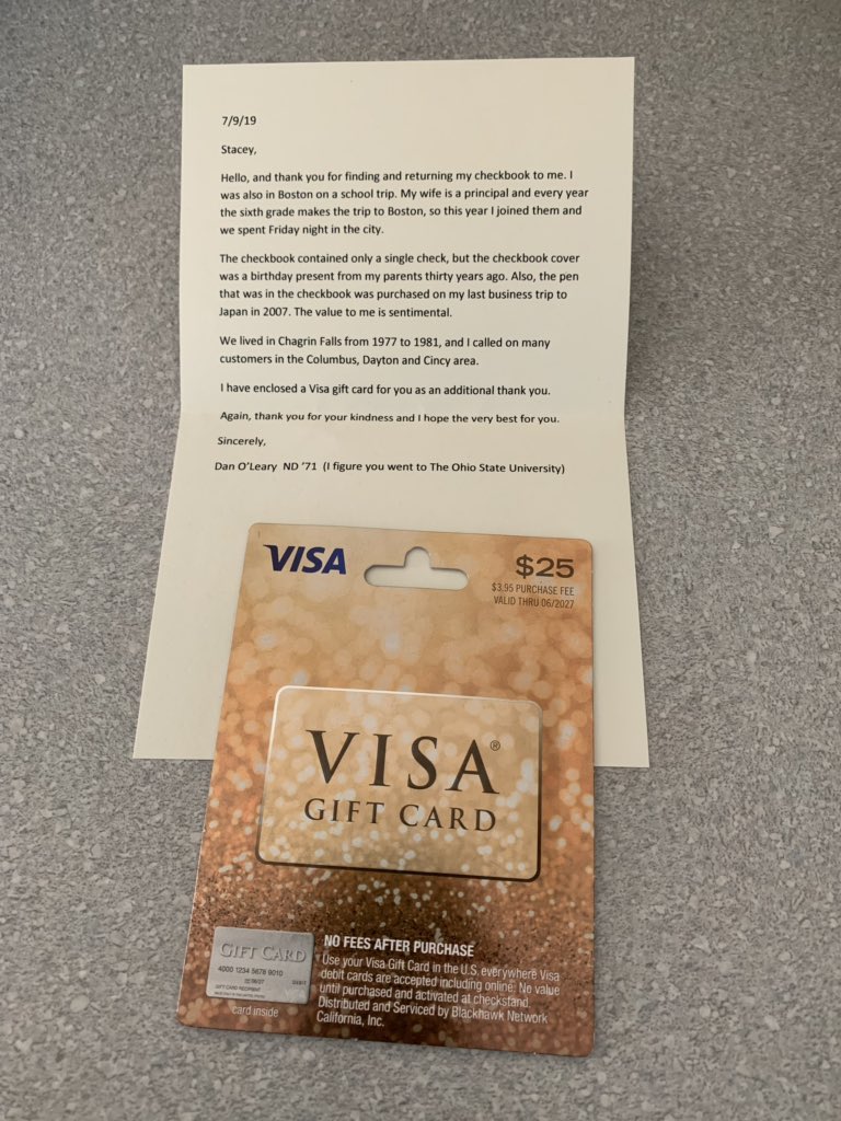 StaceyCharbel's tweet photo. While in Boston with #travelsbackintime, I found a checkbook on the ground in Quincy Market, so I mailed it back to the owner. Just received this in the mail. Never underestimate the power of small acts of kindness. https://t.co/GibT8OqGxJ