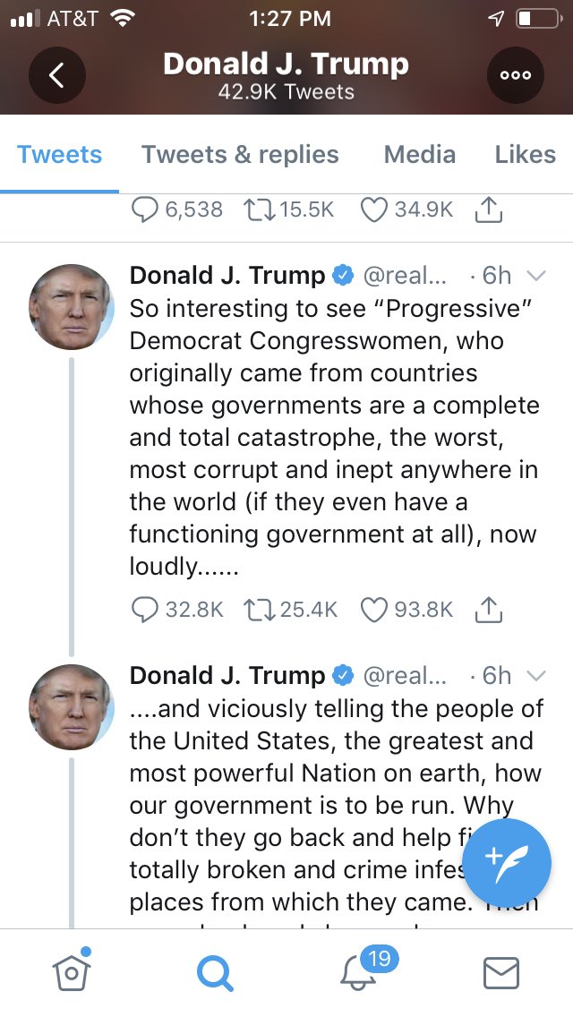 estenrick's tweet photo. I’ve decided to start reporting Donald Trumps racist tweets as abusive/hateful. It’s a small act of resistance. I’m sure it won’t matter in the end. But it still feels righteous in the moment. https://t.co/wbBLSjZvt4
