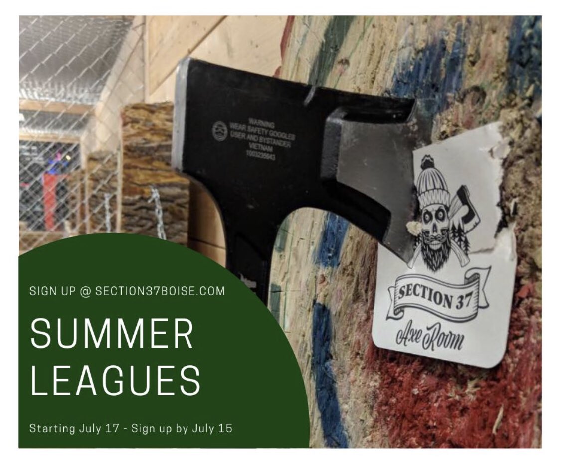 Sign up for summer leagues before tomorrow! They start Wednesday. Share with someone who might be interested!
🌲 #axethrowing #section37 #axethrowingboise #section37boise #idaho #axe #league #axeleague #hatchet #hatchets #hatchetthrowing