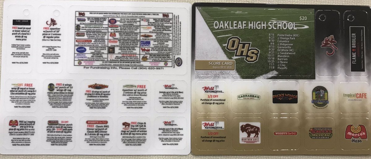 <a href="/OHSKnightsFB/">Oakleaf HS Football</a> Discount Cards are on sale for one more week. Our players are out selling through Saturday. A $20 purchase is worth more than $150 in savings! That $20 goes directly towards funding our football program. #ThankYou