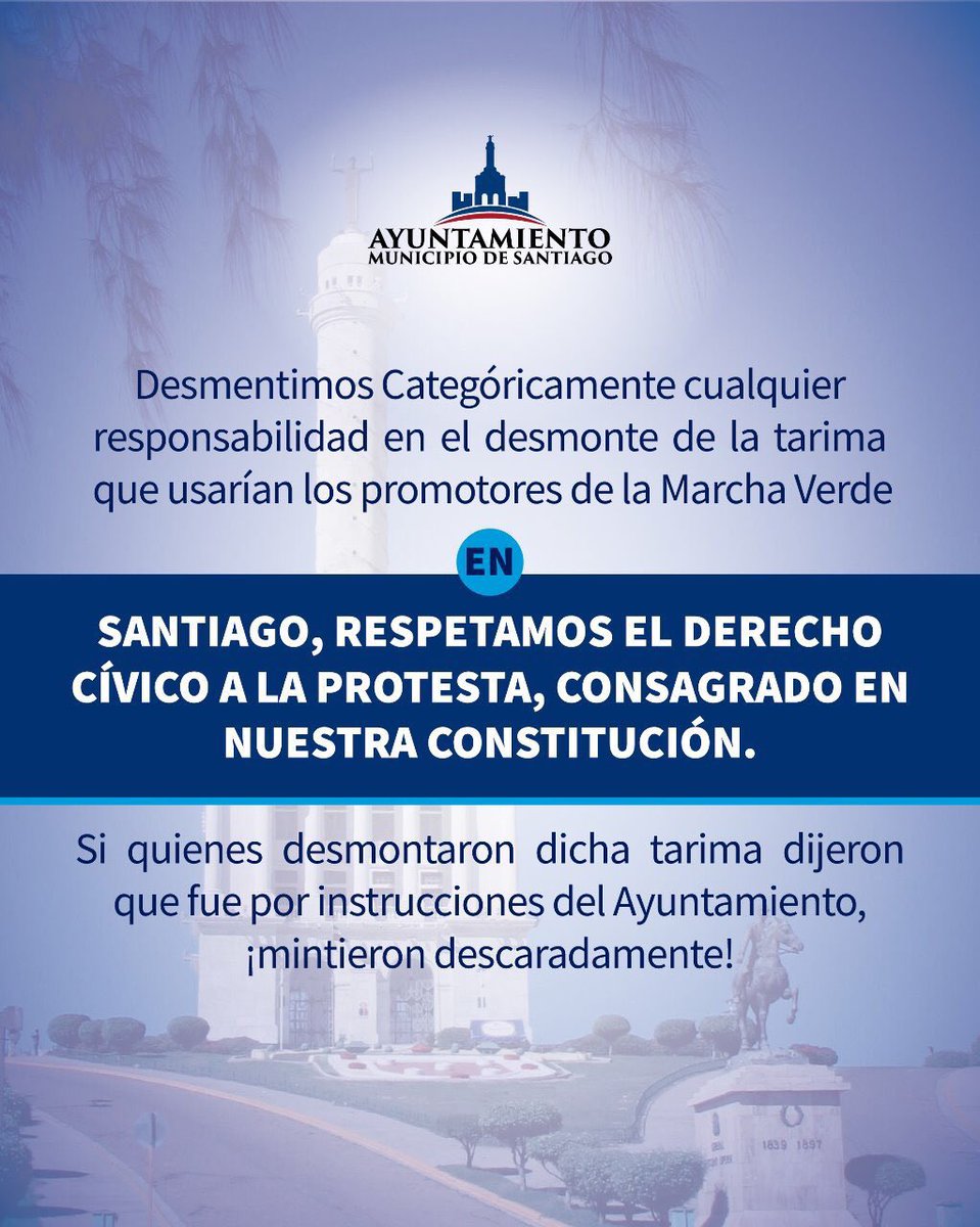 .<a href="/AlcaldiadeStgo/">Alcaldía de Santiago</a> desmiente haber desmontado la tarima de <a href="/CeroImpunidadRD/">#MarchaVerdeOficial</a> anoche por la marcha que realizarían este domingo el colectivo verde en Santiago. #ElCibaoMarcha 

#ElLectorRD