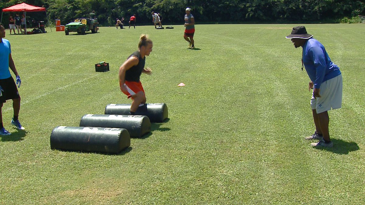 bhallwfmy's tweet photo. .@NDBlackKnightFB alum @Maddoxjohnson42 going through drills during today's West All-Star football practice.  @WFMY @WFMYhss @NDBK_Athletics https://t.co/wTn1Xn4OwG