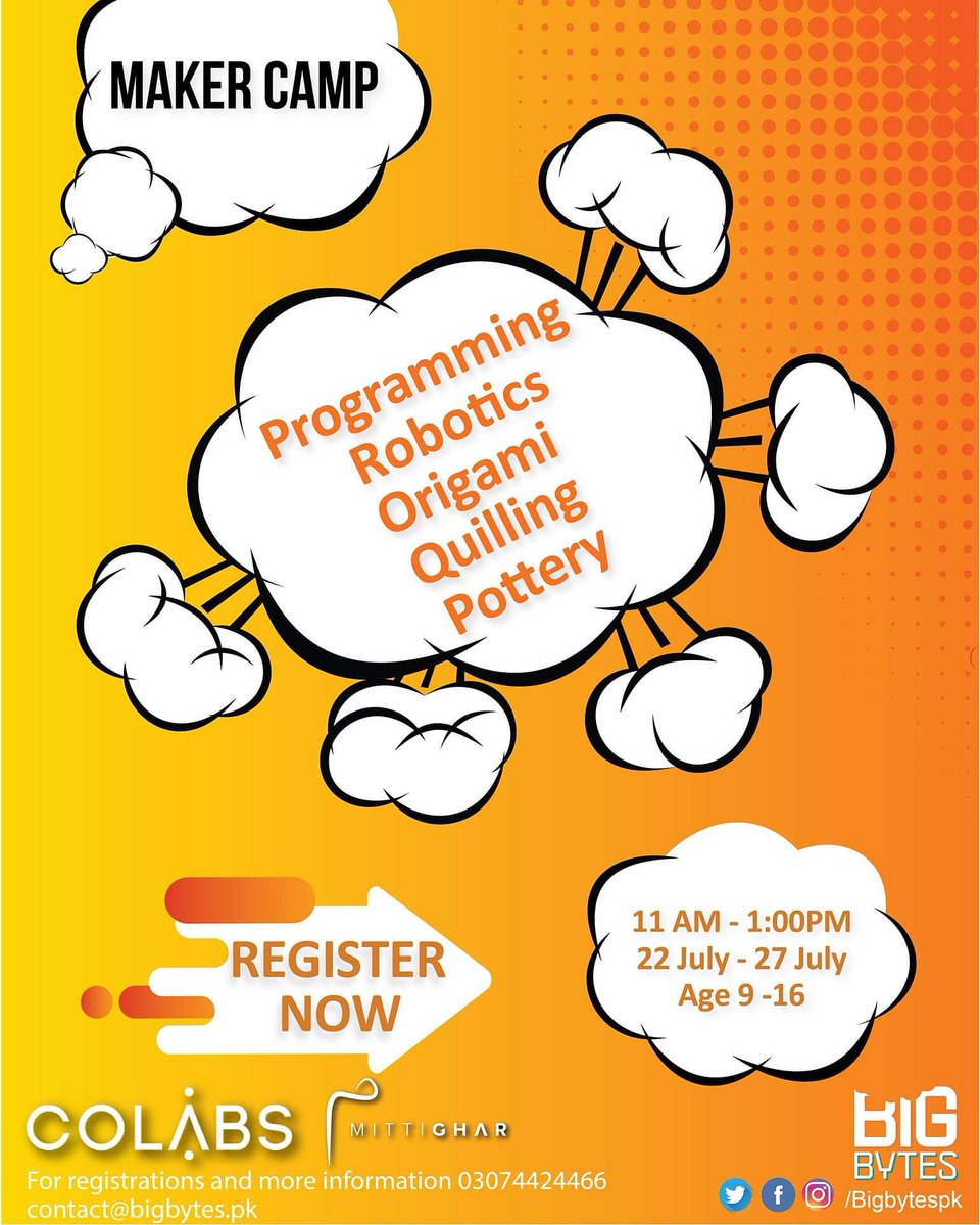 bigbytespk's tweet image. Ending #summers with a full week of #fun, #relaxing and #learning activities. In partnership with @MittiGhar &amp;amp; @COLABSPK we bring you an #exciting #makercamp. 

Call us for registrations or to find out more: 03074424466

#makers #pottery #robotics #programming #summercamp
