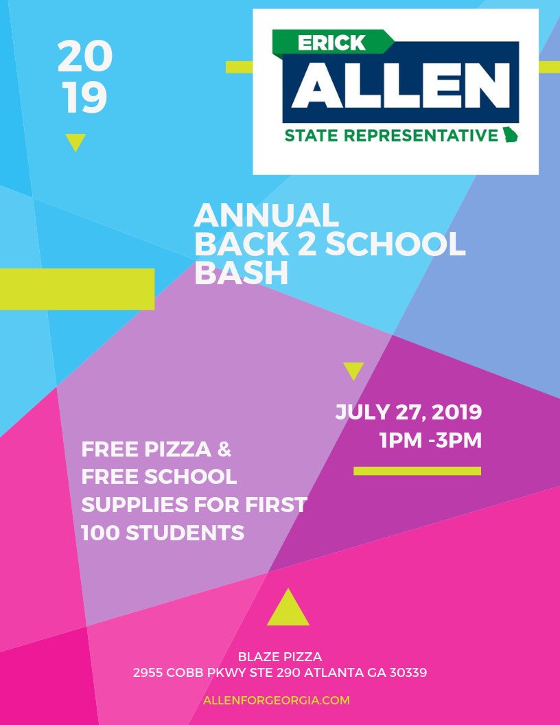 erickallen's tweet photo. District 40 students and parents join me on July 27th to celebrate the beginning of a new school year. #Teasley #Nickajack #KingSprings #WarrenTJackson #Argyle #CampbellMiddle #Griffin #Sutton #CampbellHigh #northatlantahighschool https://t.co/Dl0H9p2pHE