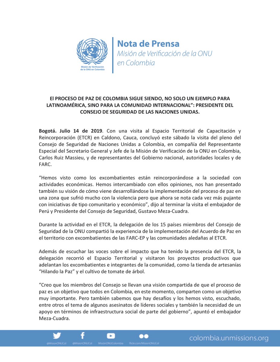 MisionONUCol's tweet photo. 🔵#NotaDePrensa El Proceso de Paz de Colombia sigue siendo, no solo un ejemplo para Latinoamérica, sino para la comunidad internacional”: presidente del Consejo de Seguridad de las Naciones Unidas. ▶️ https://t.co/HDSJfbC4V1 #UNSC https://t.co/Wgpn4yoZ9z