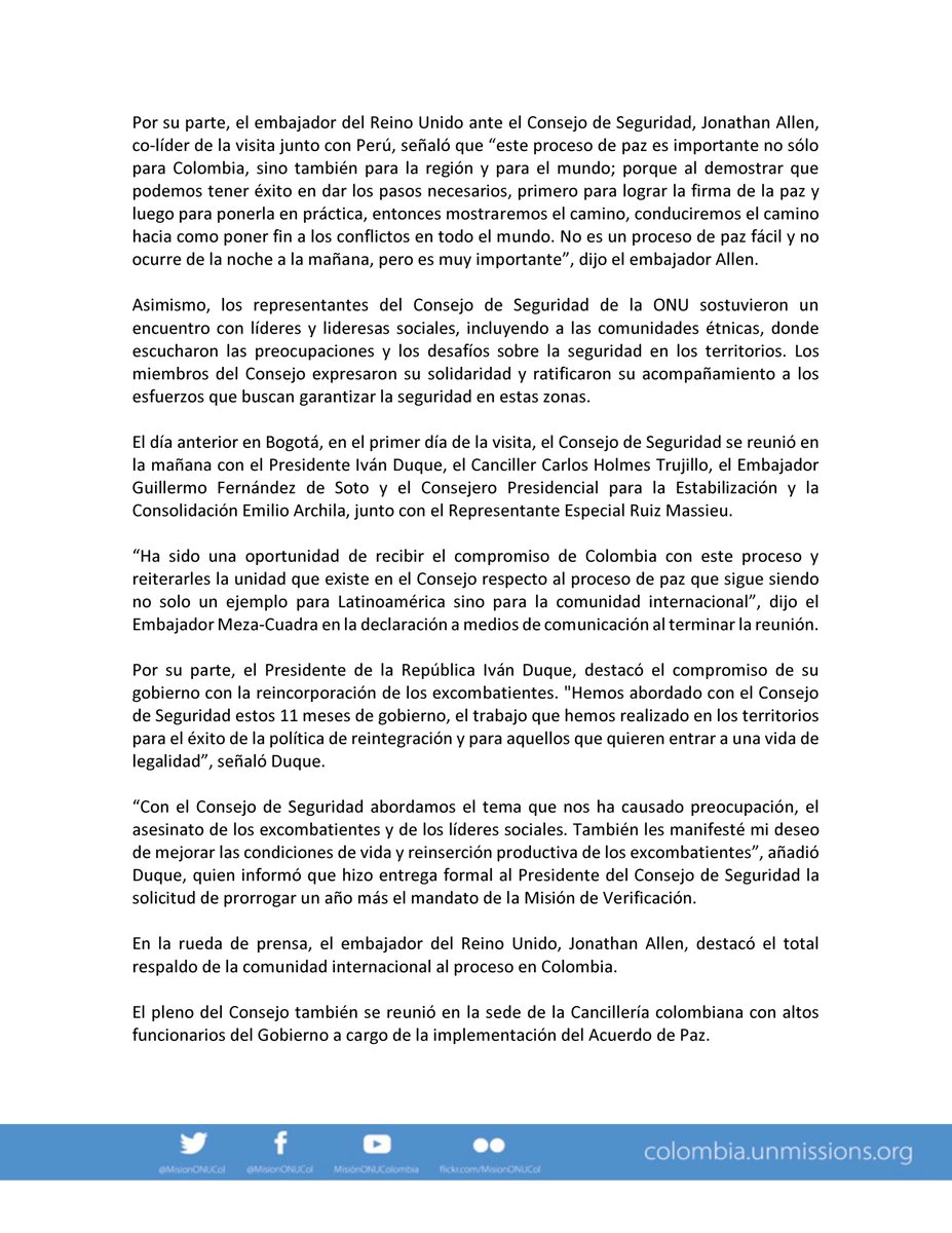 MisionONUCol's tweet photo. 🔵#NotaDePrensa El Proceso de Paz de Colombia sigue siendo, no solo un ejemplo para Latinoamérica, sino para la comunidad internacional”: presidente del Consejo de Seguridad de las Naciones Unidas. ▶️ https://t.co/HDSJfbC4V1 #UNSC https://t.co/Wgpn4yoZ9z