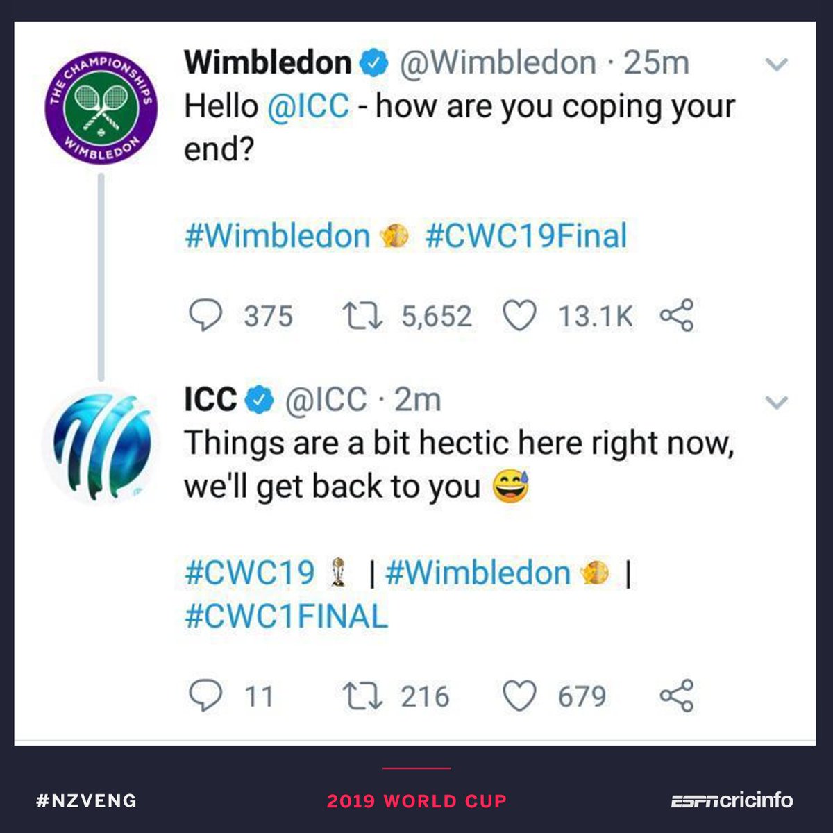 cricinfo's tweet photo. Aaaaaaaaand breathe.

#CWC19Final | #WimbledonFinal https://t.co/e12KbNUFwV