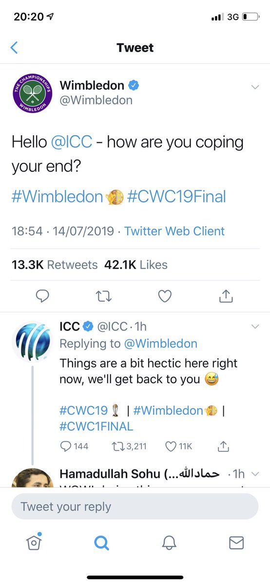 The real winner is London with two amazing world class sporting events in a single day!

#CWC19Final #Wimbledon #LondonIsOpen