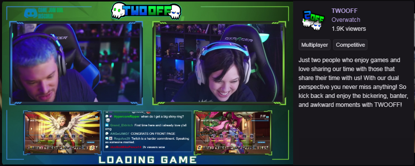 GambitXtreme's tweet photo. Go check out my friends @Twooff_ and there duo #stream, they are on the #FRONTPAGE of @Twitch for the next 2 hours. The full #TWOOFF experience is incoming and will be epic. #gamers #blizzard #retweet #geeks #twitch #CoupleStreamers #streamers #Overwatch https://t.co/yXejA7RjSH