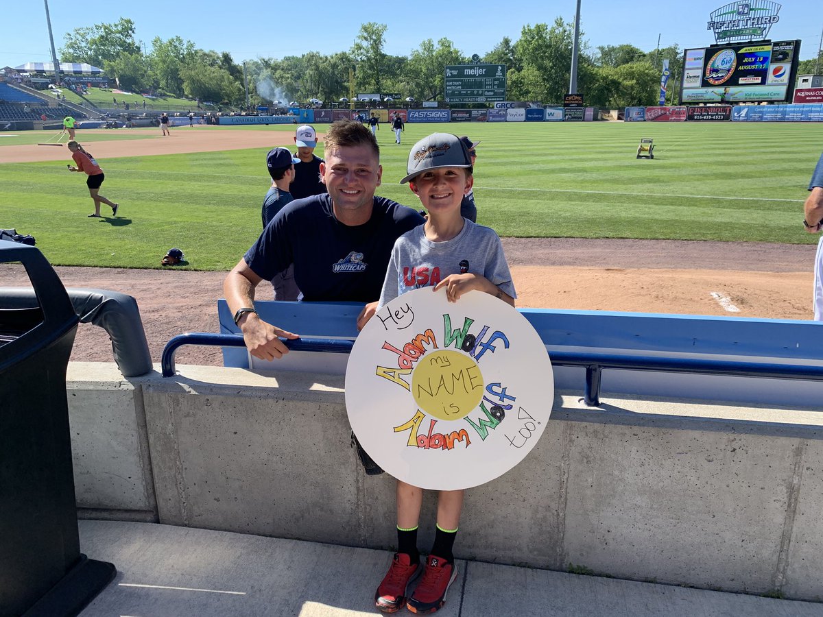 MikeWolf's tweet photo. @adamwolf610 Adam Wolf meets Adam Wolf. Thanks for being so gracious to my son. Made his weekend! Here’s the pic for your mom. 😉 https://t.co/lv8XKJ9zvg