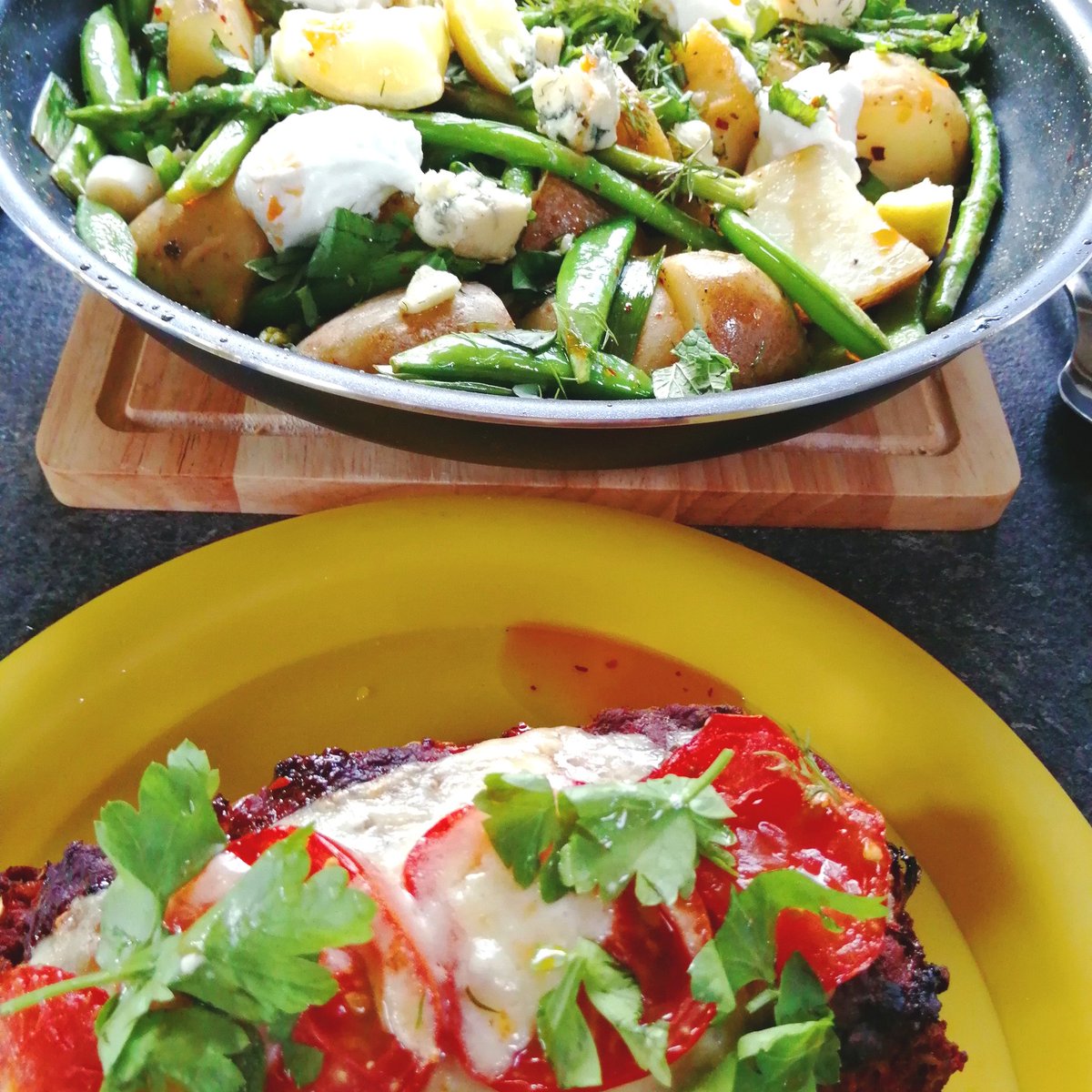 karenwrightbake's tweet photo. Eat your greens part two, all lightly sautรฉed off with cooked potatoes, yogurt and Stilton, on the side, my meatloaf, not a bat in sight ๐ฆ made with ease in our beaut caravan pegasus, whilst watching wimbledon @BaileyofBristol @candmclub #caravancooking #summer #meatloaf https://t.co/cdAOeeaBPK