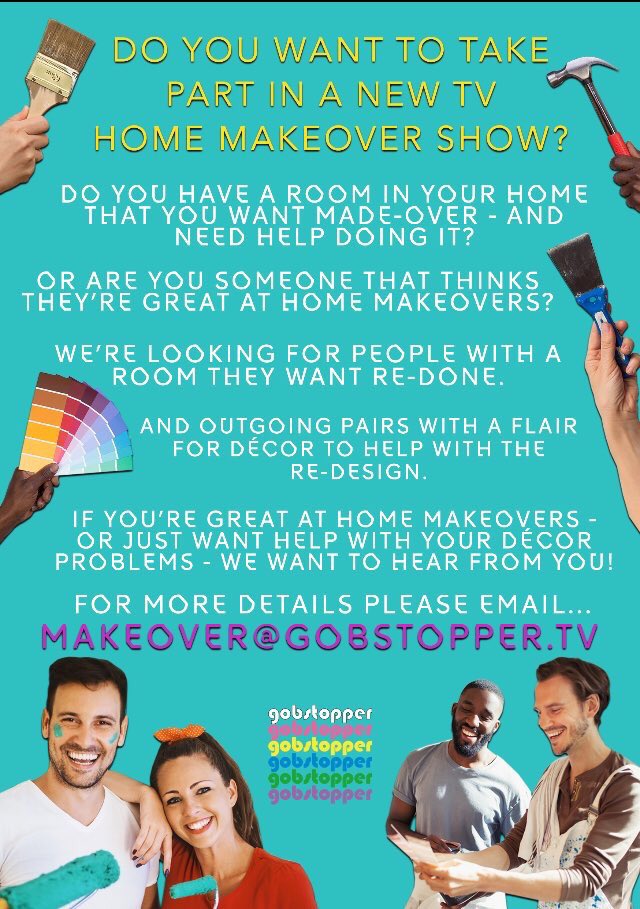 Harry Berry (@harryberry) on Twitter photo A new home makeover TV show is looking for fun pairs in Essex, Manchester, Cardiff and Birmingham to take part!
For more info please email makeover@gobstopper.tv A new home makeover TV show is looking for fun pairs in Essex, Manchester, Cardiff and Birmingham to take part!
For more info please email makeover@gobstopper.tv