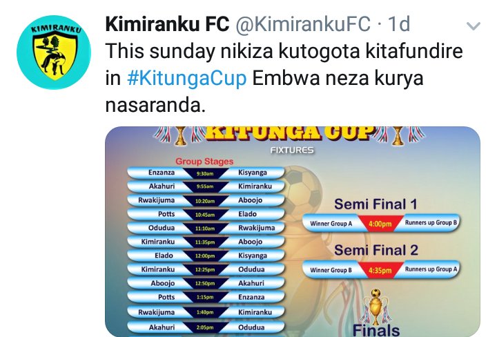 FcAbadet's tweet photo. A short story of how @KimirankuFC started and ended its @LeagueMuntuyera tournament campaign. It was a good fight thou π
#KitungaCup https://t.co/wmQ8TWaRhy