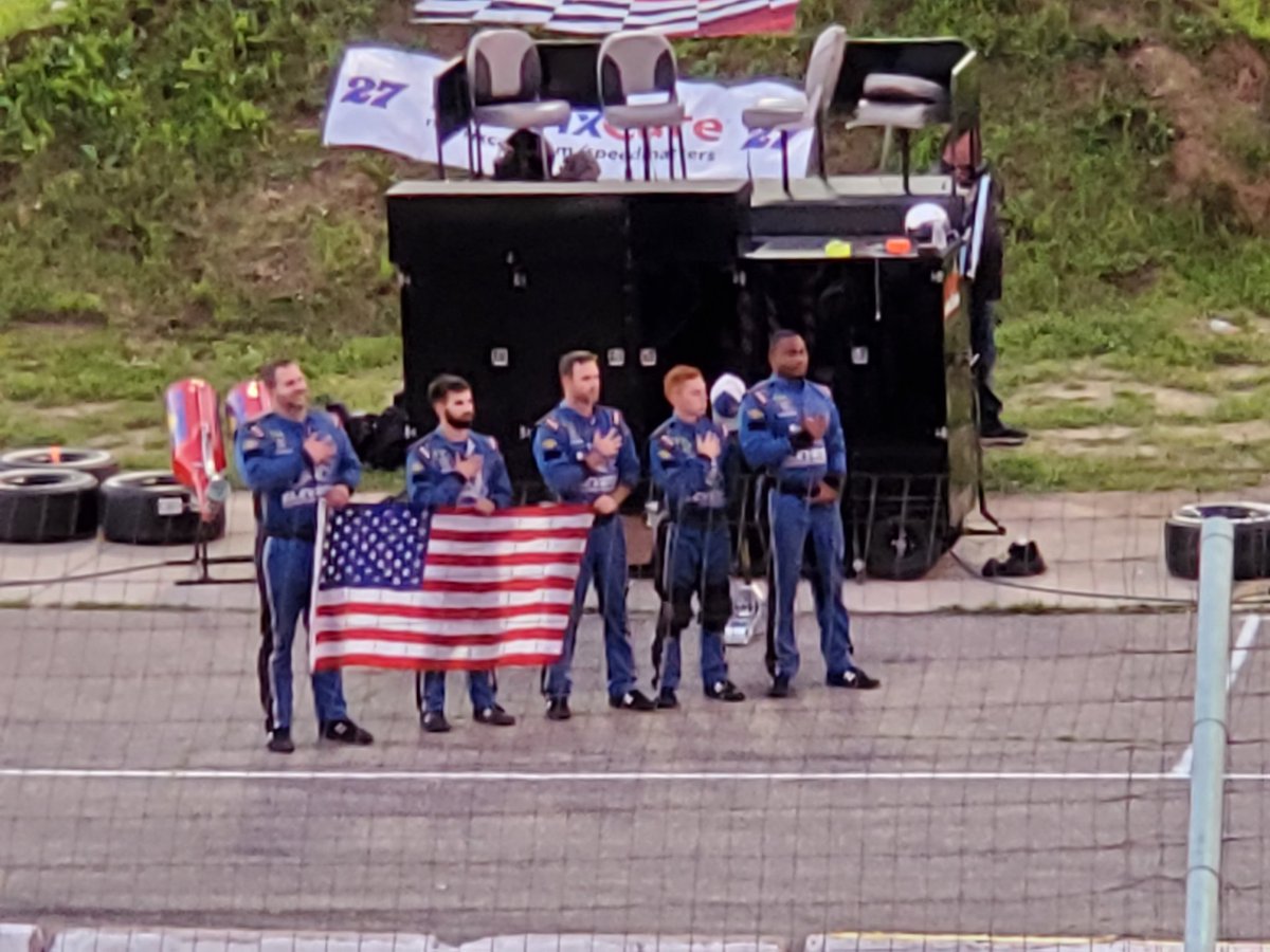 lori_penas's tweet photo. @WinTronRacing One of the best pics of the night - the #32 pit crew during the National Anthem before the ARCA race last night @elkospeedway- awesome! https://t.co/CnQeaBEvog