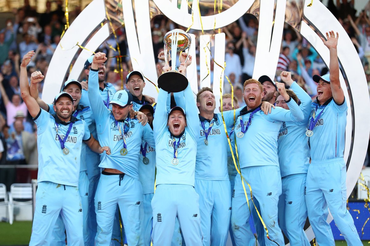 piersmorgan's tweet photo. *WORLD CHAMPIONS* 
Congrats to ⁦@Eoin16⁩ &amp; his brilliant team on winning the greatest cricket match I’ve ever had the privilege to watch. And commiserations to New Zealand who were mighty opponents. 
What a day... 
Never let anyone ever again say cricket is boring. 🏏🔥 https://t.co/oCgfPj8mQ5