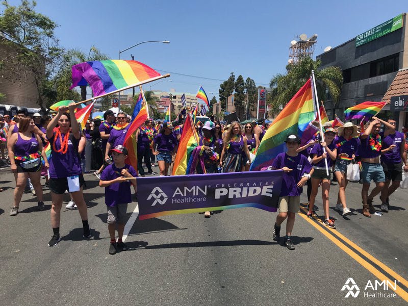 AMNHealthcare's tweet photo. It's a beautiful weekend in San Diego, and AMN Healthcare team members, family, and friends are demonstrating their commitment to #LGBTQ+ equality at #SDPride! #AMNCares https://t.co/sjge2945c9