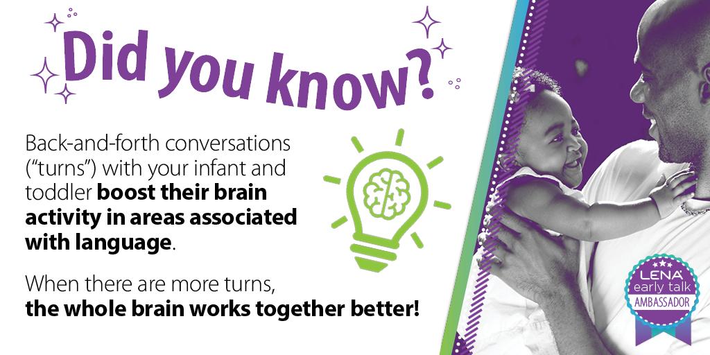 LENAEarlyTalk's tweet photo. Did you know that interactive talk is one of the most powerful brain-building tools available to adult caregivers? Download 14 practical tips for starting conversations with infants and toddlers: https://t.co/lDekLpKmE6 https://t.co/va0WAcTs2O