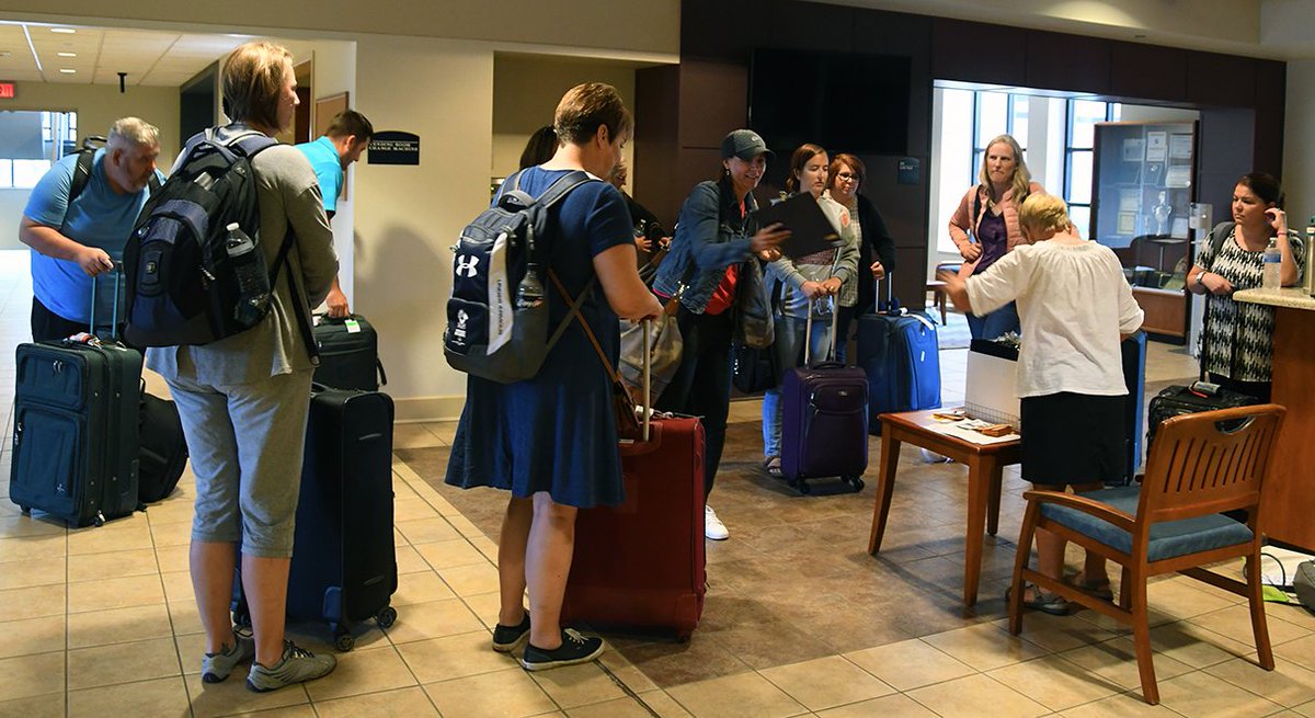 candacepb's tweet photo. Group 2 in from the airport. Lots of info about food cards, keys, maps....tomorrow, the real learning starts, but this is pretty important, too. #CSJwksp19 #KentStateJMC https://t.co/lBVYFI3j32