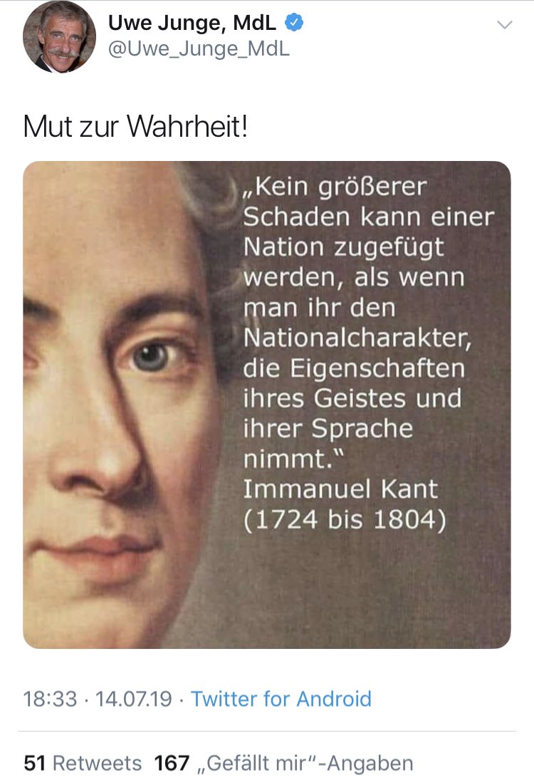 DSaluste's tweet photo. ......"Mut zur Wahrheit“ ist bei Herrn Junge ein gefälschtes Zitat...!
....es ist nicht von Kant sondern von Herder...!
Herr Junge ist folglich ein Lügner..!
#afdemp https://t.co/Y21uyw5YRB