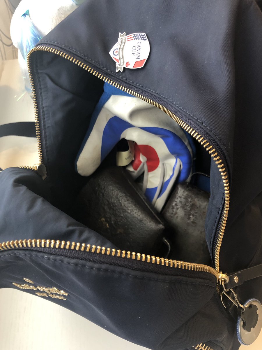 suecassidy's tweet photo. Confused aboot why my backpack was so heavy this morning, I opened it to find two large brass cowbells & my #curling gloves. Leftovers from @occurling Learn to Curl last night. #curlingProblems https://t.co/Dg1HA7gLDG