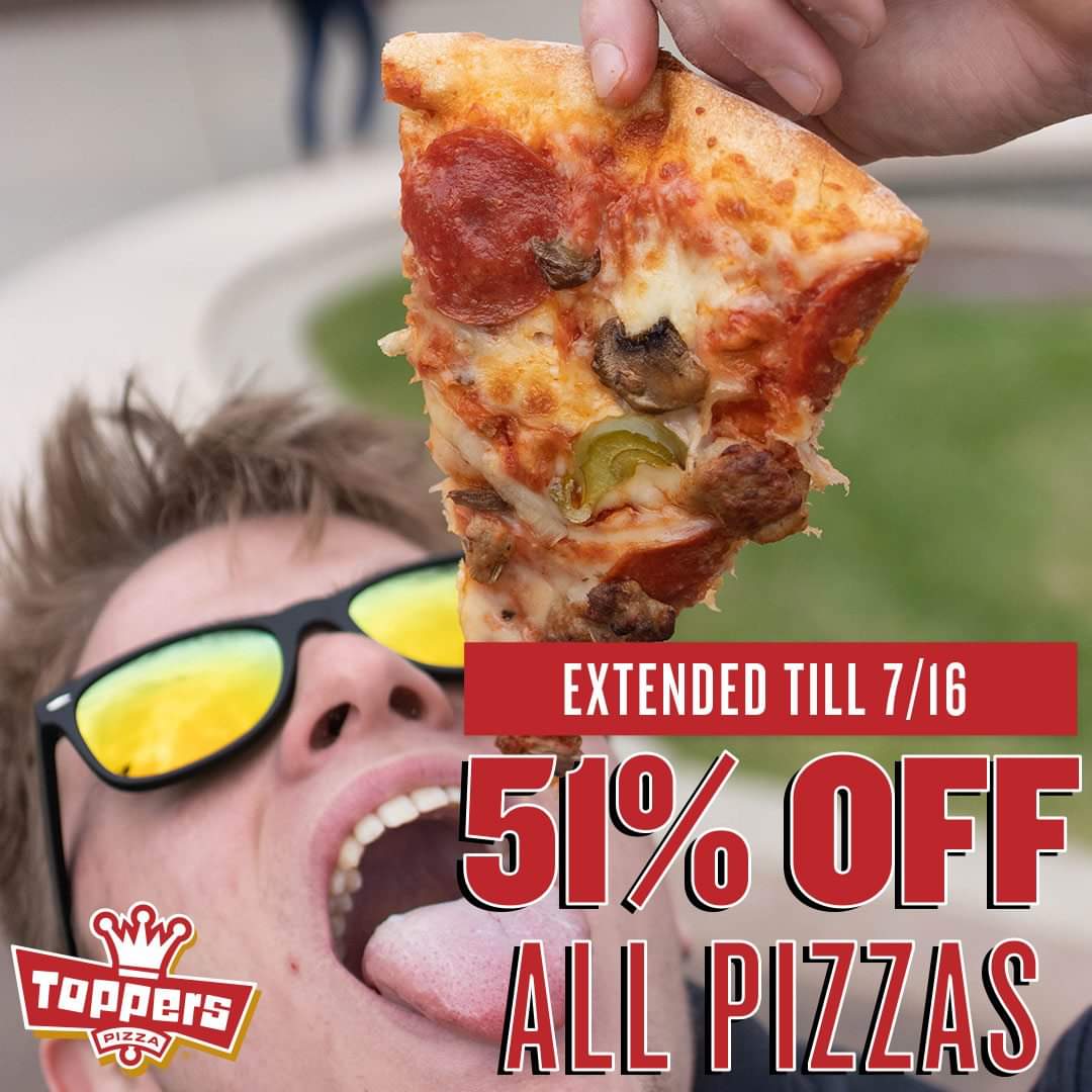 ToppersPizzaKC's tweet photo. You asked...we listened...51% off all regular priced pizzas has been EXTENDED! https://t.co/H2ggLU1SUp
Hurry...only through Tuesday, July 16th! https://t.co/ExZVPKkmW3