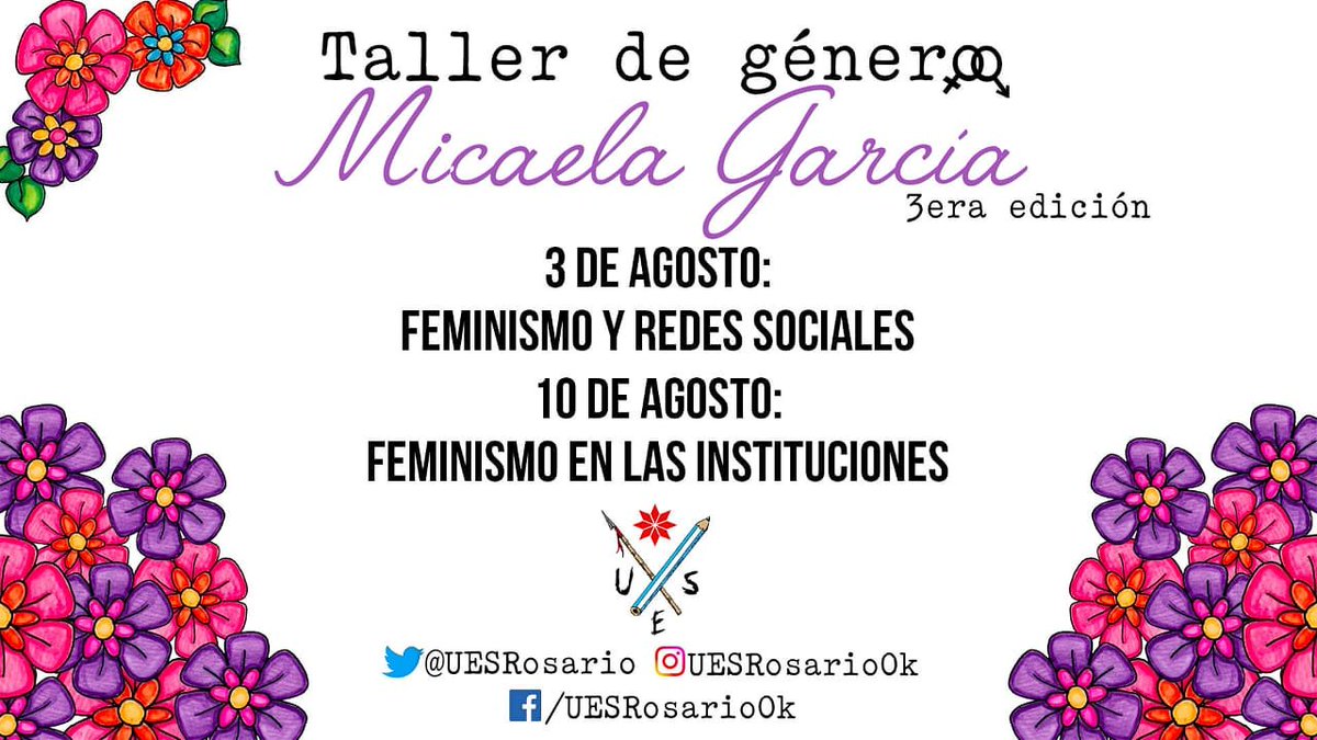 UESRosario's tweet photo. 3ERA EDICIÓN DEL TALLER DE GÉNERO "MICAELA GARCÍA"
El taller de género "Micaela García" es un espacio de debate, información y deconstrucción organizado desde la Unión de Estudiantes Secundarios.
https://t.co/WoEtrrOPeo https://t.co/RletY9AAHF