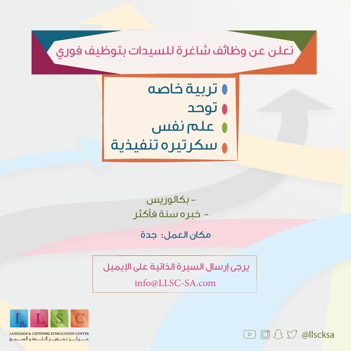 ÙØ¸Ø§Ø¦Ù ÙÙØ³ÙØ¯Ø§Øª Ø¨ÙØ±ÙØ² ØªØ­ÙÙØ² Ø§ÙÙØºØ© Ù Ø§ÙØ³ÙØ¹ Ø¨ #Ø¬Ø¯Ø© #ÙØ¸Ø§Ø¦Ù_ÙØ³Ø§Ø¦ÙØ© #ÙØ¸Ø§Ø¦Ù_Ø¬Ø¯Ø© #Ø¬Ø¯Ø©_Ø§ÙØ£Ù @LLSCksa