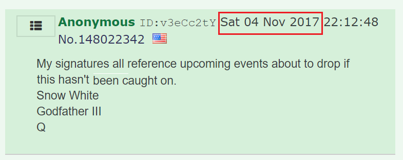 prayingmedic's tweet photo. 58) Godfather III is a Q "signature." 

Signatures are coded words that indicate subjects and/or events that are about to happen. 

Snow White refers to the CIA. https://t.co/oAh3OOJnPA
