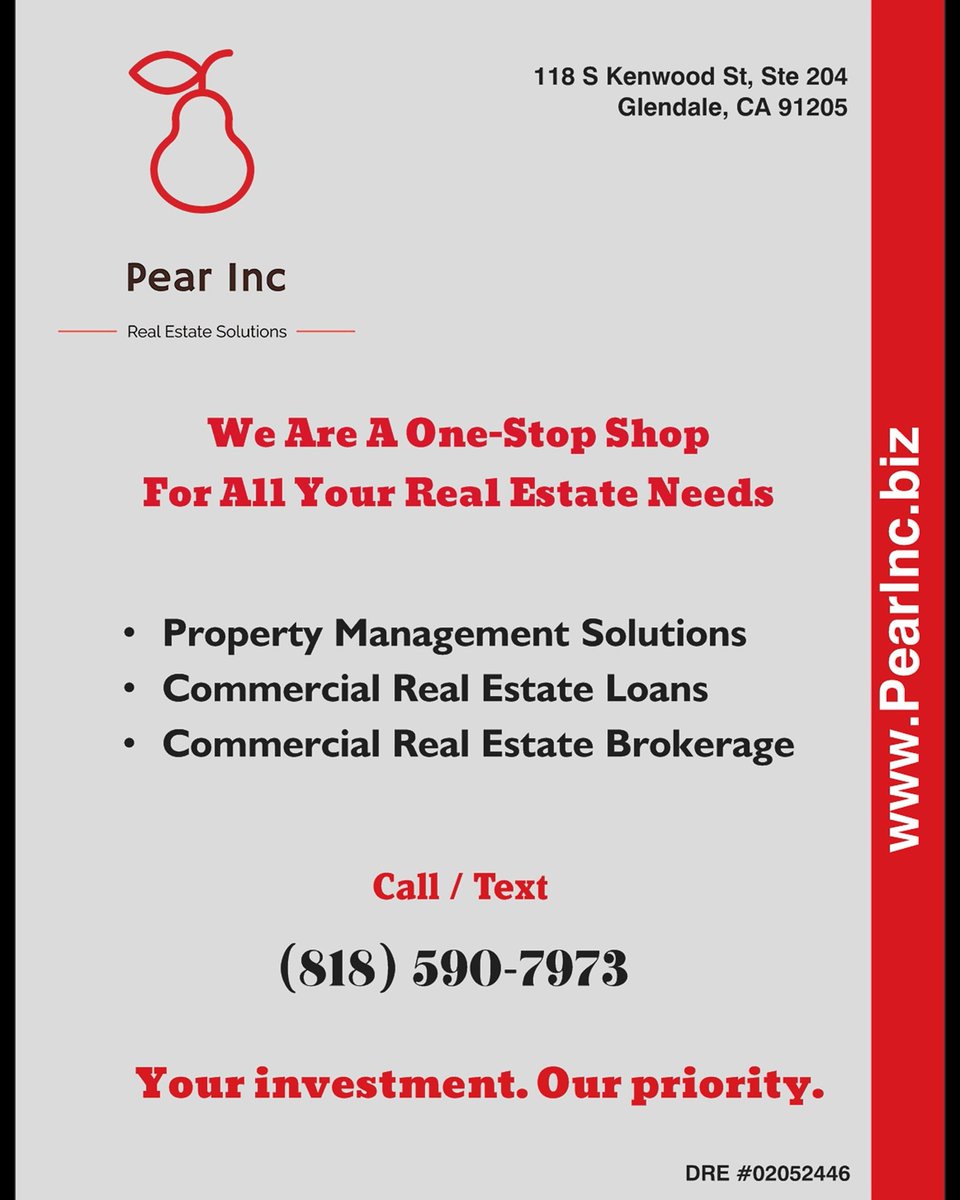 Pear_Inc_biz's tweet photo. #PearInc #PropertyManagement #RealEstateCompany #LoanBroker #RealEstate #MortgageBroker #Glendale #Burbank #Pasadena #BeverlyHills #SanMarino #RanchoPalosVerdes #Calabasas https://t.co/eXcxaZYNpd
