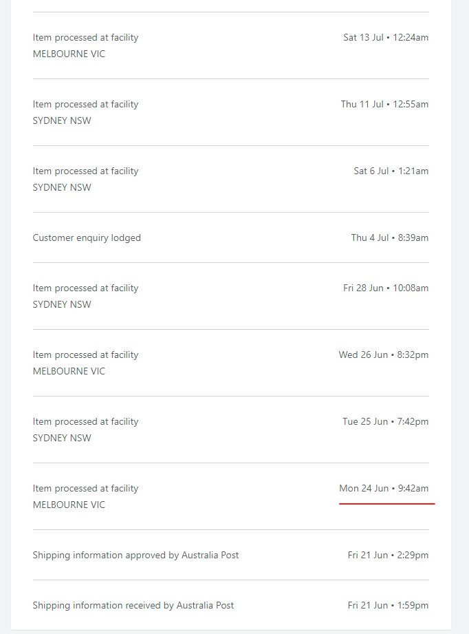 hey <a href="/auspost/">Australia Post</a> - this parcel has bounced between Sydney and Melbourne 7 times in your automated sort system since June 24th - I'm in Sydney... 4 attempted manual remediations - is this the best that can be done, hope for a miracle?