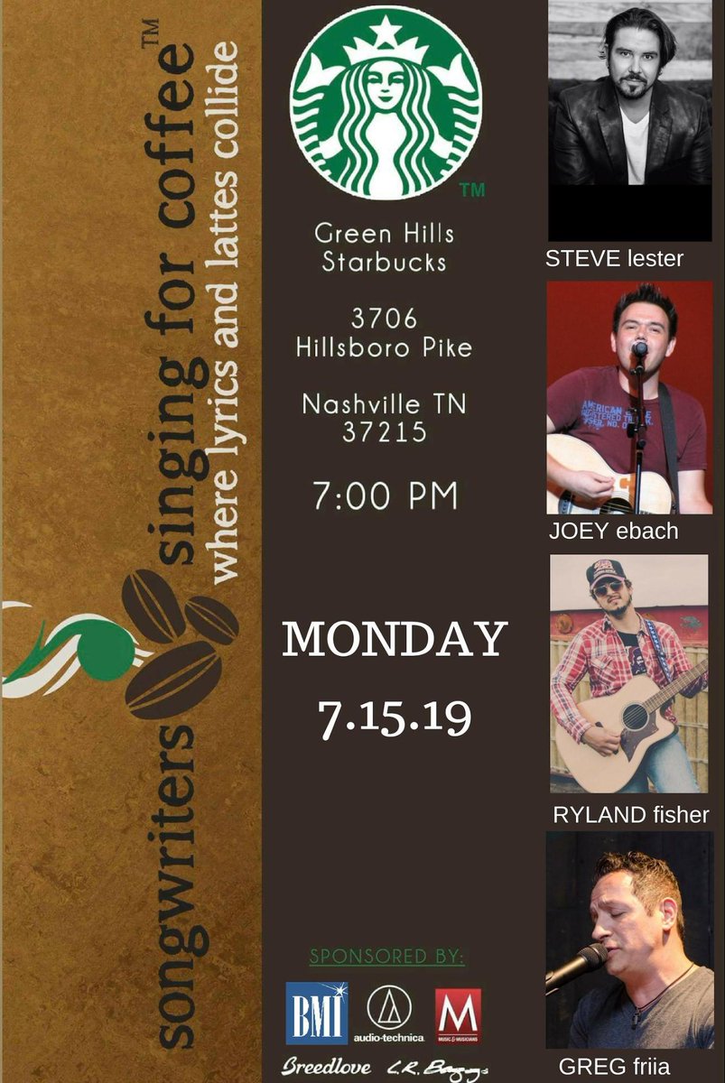USAudioTechnica's tweet photo. Hey #Nashville, it’s time again for another Songwriters Singing for Coffee event from @SongSingCoffee! Visit the Green Hills Starbucks for a chance to hear your favorite #songwriters perform live tomorrow! #MusicLovers https://t.co/L0cj9GW8gG