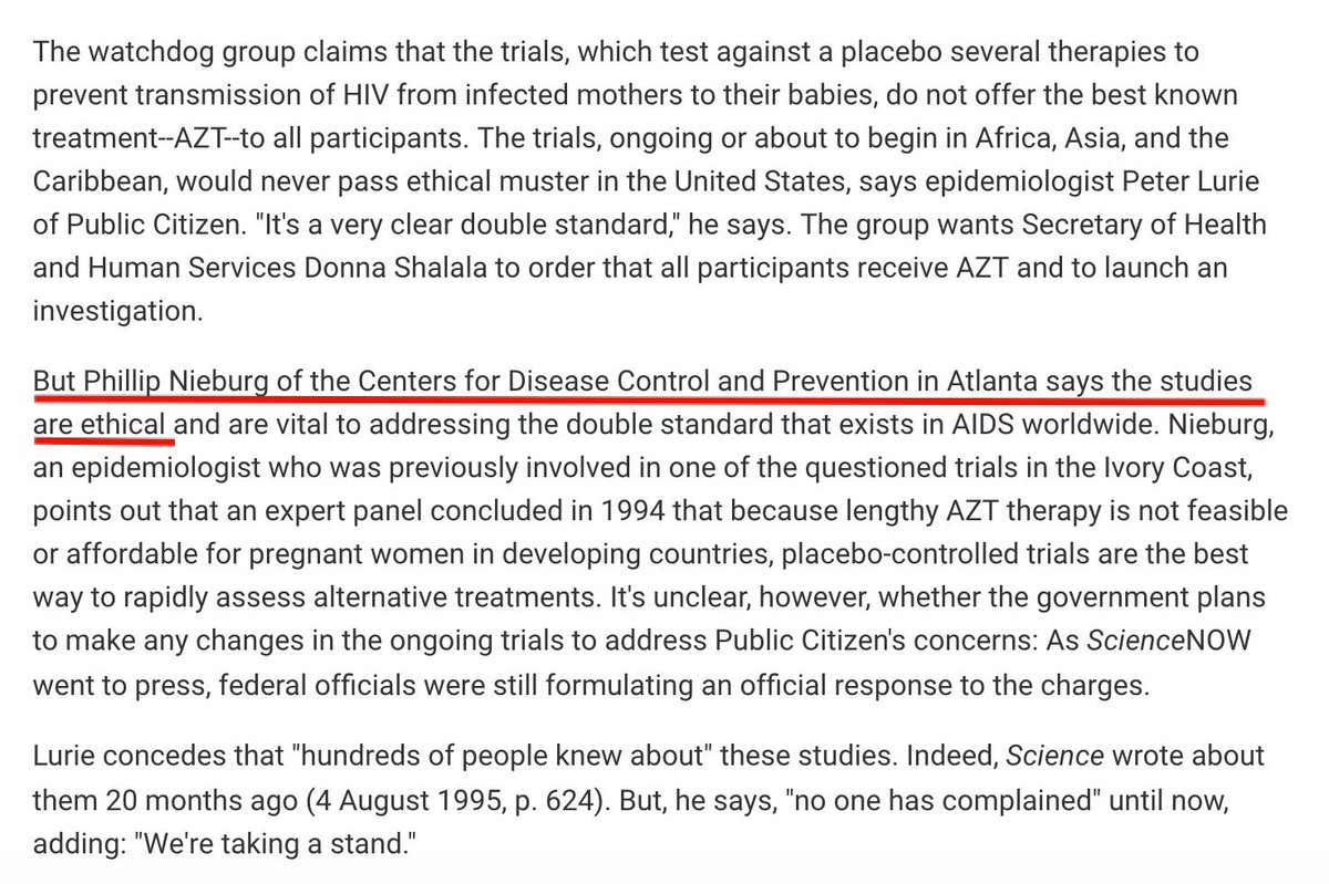 Apparently, the CDC found it ethical!  https://www.sciencemag.org/news/1997/04/group-brands-aids-trials-unethical