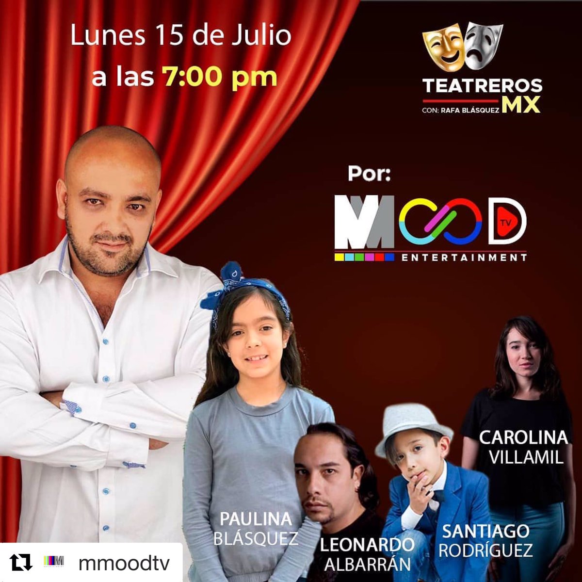 rafablasquezz's tweet photo. No se pierdan este lunes nuestro programa #TeatrerosMX a través de FB Live por @MmoodTv hablaremos de #Konrad y #EraMiCompa https://t.co/m5oDw3AJaK