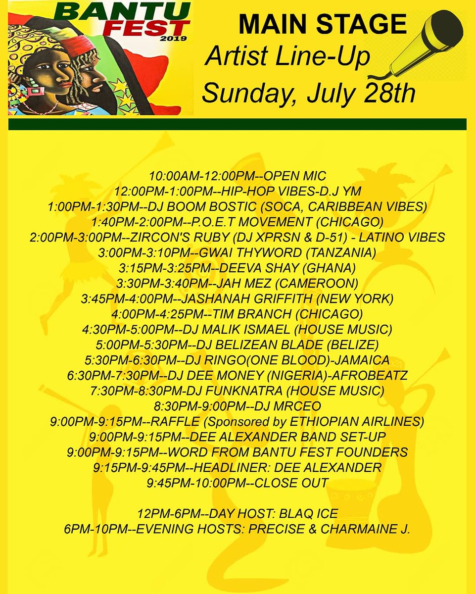 BantuFestChi's tweet photo. #bantufest2019

@BantuFestChi 2019 Full Stage Line-up 🙌🏿

#SummerTimeMagic #festivalseason #family #familyfun #ChicagoIL #ChicagoStyle #artistsoftwitter #artists #internationalnews #Diaspora #Africa https://t.co/mme3wwUoZD