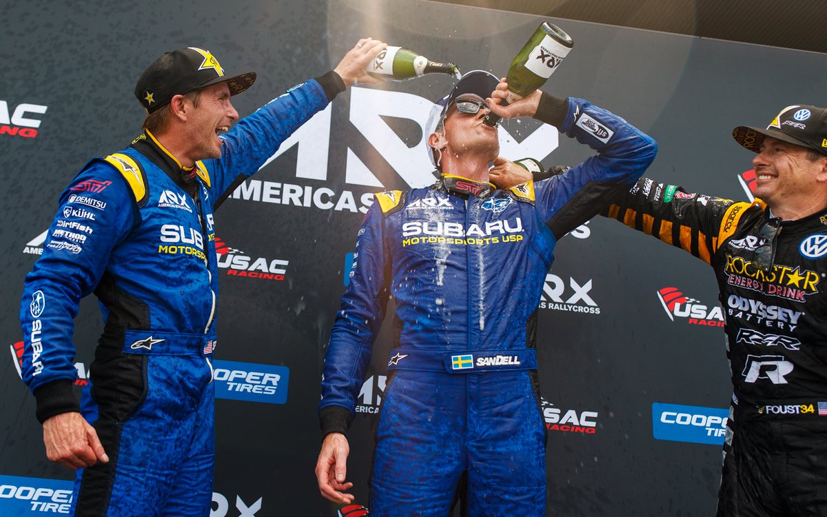 subarums_usa's tweet photo. Victory tastes SO good! 🧹🧹 
#SUBARU 1-2 at #ARXofGateway! 
@patriksandell and @scottspeed completing the double-header weekend sweep for #SubaruMotorsportsUSA! #3for3

@subaru_usa @ARXRallycross https://t.co/6JDcl5RJAE