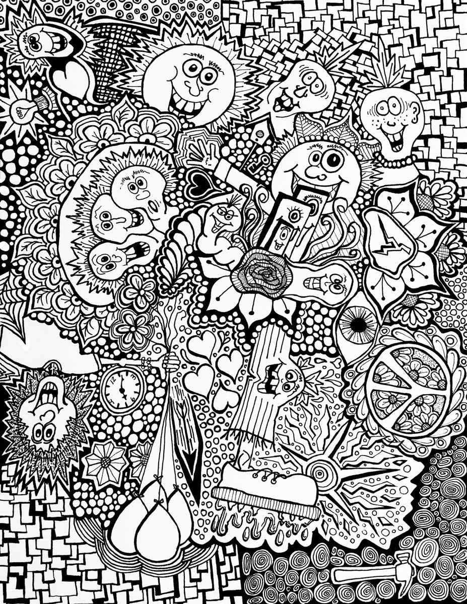 BeTodayArt's tweet photo. Oh Happy Days #coloringpage I've been drawing these kind of characters since high school, they make me #Smile I've added them into the Hidden Gizmo series. There's 23 hidden items in this picture. Get the list at: https://t.co/If1G5men7O #hiddenitems #ohhappydays #doodleart https://t.co/ncAyHcQArk