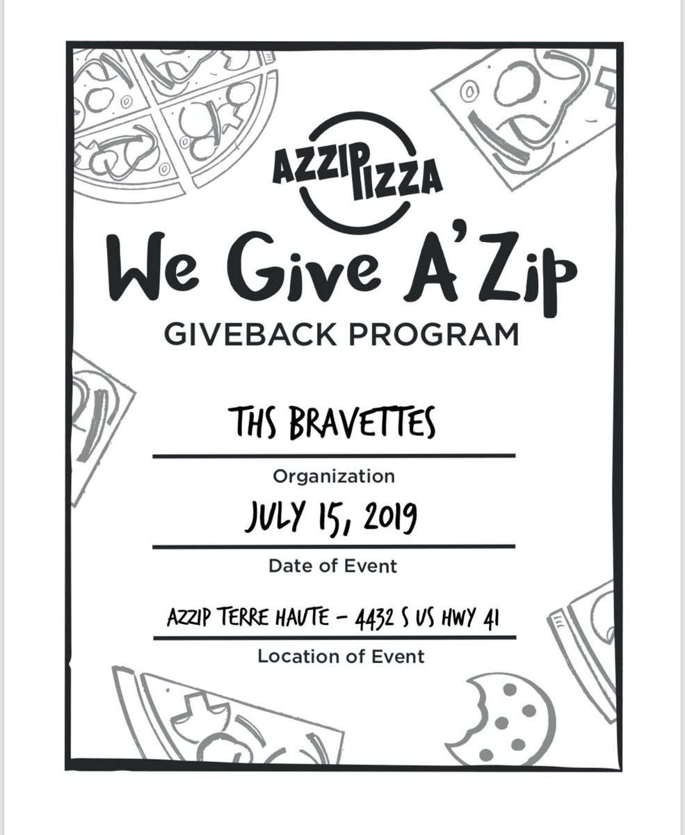 KimSwaner's tweet photo. TOMORROW!!! Go support your #thsbravettes by eating some delicious pizza! Show them this flyer on your phone at the register to support. Please and thank you! 🙏❤️😊 #azzippizza #thsdt https://t.co/FeEfItIk46