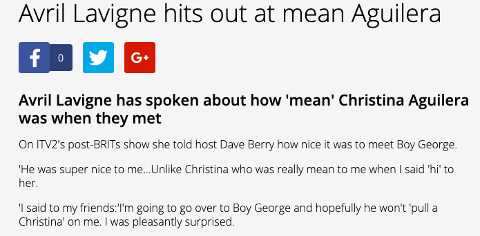 Avril Lavigne also had a terrible experience with Aguilera, calling her "really mean.""Boy George was super nice to me...unlike Christina, who was really mean to me when I said 'hi' to her."