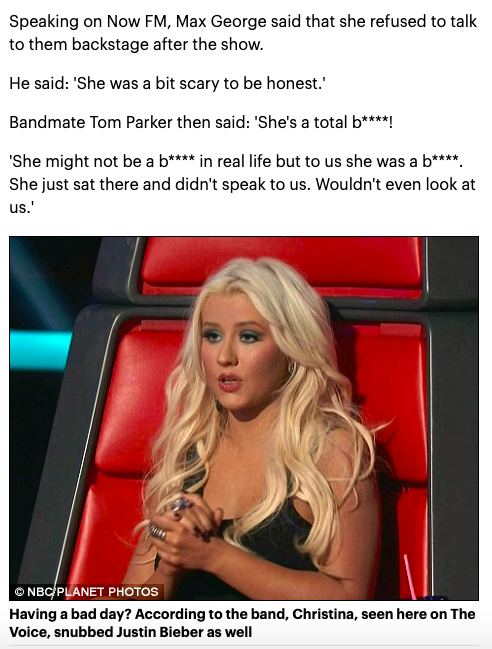 The Wanted also dissed Aguilera, branding her as one of the "rudest people they& #39;ve ever met".