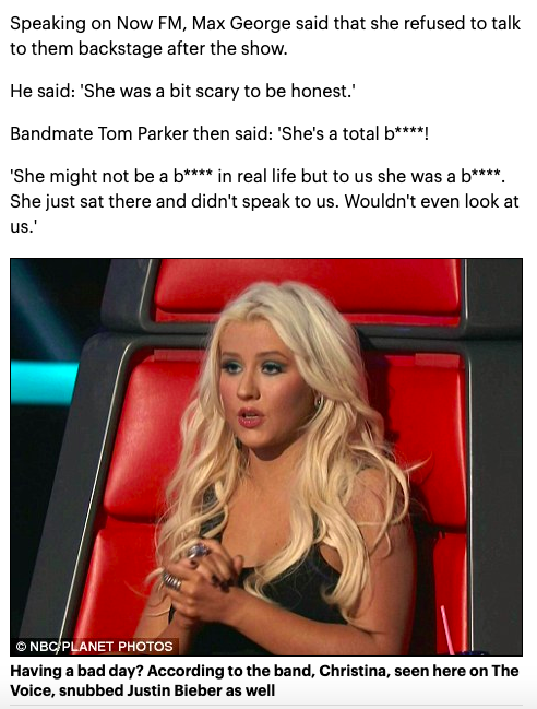 The Wanted also dissed Aguilera, branding her as one of the "rudest people they've ever met".